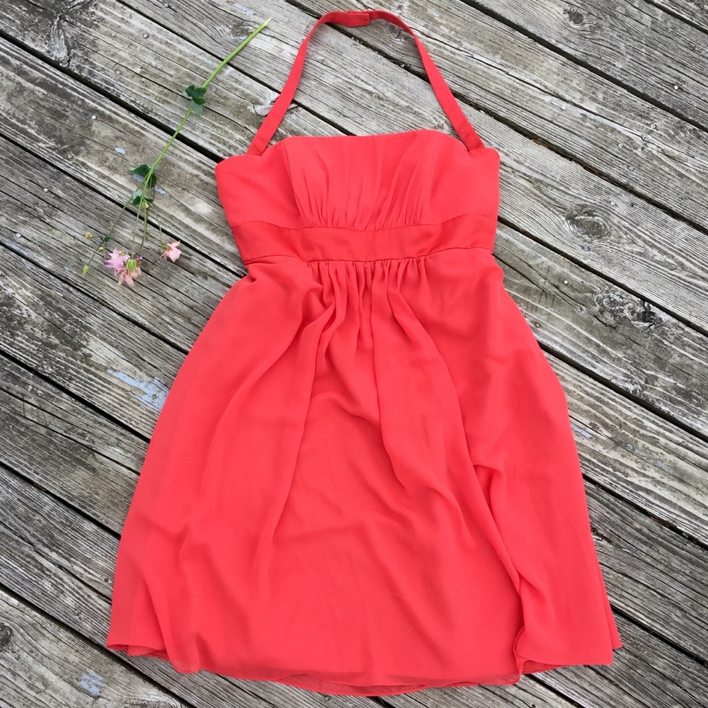 Formal tangerine chiffon halter dress
